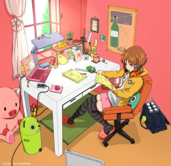 Rule 34 | 10s, 1girl, artist name, bad id, bad pixiv id, bag, bag charm, blouse, brown eyes, brown hair, cable, cellphone, chair, charging device, charm (object), computer, desk, electric plug, electrical outlet, food, food-themed hair ornament, from above, glass, hair ornament, handbag, headphones, highres, holding, holding paper, indoors, kanau, laptop, makino kanna, mirror, mochi, office chair, paper, pencil skirt, phone, picture frame, plant, reflection, room, saucer, shirt, short hair, sitting, skirt, slippers, solo, striped clothes, striped thighhighs, stuffed animal, stuffed toy, swivel chair, table, tamako market, thighhighs, trash can, unworn bag, v-neck, wagashi, white shirt, window