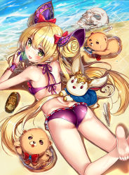 Rule 34 | 1girl, :d, akabane (zebrasmise), ass, back, bare legs, bare shoulders, barefoot, beach, bear, bikini, blonde hair, blush, bone, bow, breast press, breasts, cellphone, choker, creature, day, double bun, eyelashes, feet, frilled bikini, frills, from above, hair bow, hair bun, halterneck, holding, holding phone, legs up, long hair, looking at viewer, looking up, lotion bottle, luna (shadowverse), lying, ocean, on stomach, open mouth, outdoors, phone, purple bikini, red bow, red ribbon, ribbon, ribbon trim, sand, shadowverse, shiny clothes, shiny skin, skull, small breasts, smartphone, smile, soles, sparkle, string bikini, sweatdrop, swimsuit, twintails, wet, wrist cuffs