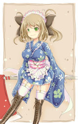 Rule 34 | 1girl, apron, axe, blue kimono, boots, bow, breasts, brown footwear, brown hair, brown thighhighs, cross-laced footwear, floral print, garter straps, green eyes, hair bow, highres, holding, holding behind back, ichirino minagi, japanese clothes, kimono, lace-up boots, long sleeves, maid, maid headdress, medium breasts, obi, original, oversized object, ribbon, sash, shiny skin, short kimono, smile, solo, thigh boots, thighhighs, thighs, wa maid, waist apron, weapon, white thighhighs