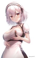 Rule 34 | 1girl, anchor, azur lane, blush, breast lift, breasts, choker, cleavage, collarbone, dress, hair between eyes, hairband, head tilt, lace-trimmed hairband, lace trim, large breasts, looking at viewer, parted lips, puffy sleeves, red eyes, ribbon, short hair, short sleeves, sidelocks, simple background, sirius (azur lane), solo, suyamori, white background, white hair