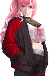 Rule 34 | 1girl, breasts, choker, cleavage, closed mouth, cocoro moto, eyes visible through hair, hands in pocket, highres, hololive, hololive english, jacket, jewelry, long hair, long sleeves, looking at viewer, medium breasts, midriff, mori calliope, mori calliope (streetwear), navel, necklace, open clothes, open jacket, pink eyes, pink hair, pink lips, red eyes, sidelocks, simple background, skull print, smile, solo, standing, stomach, virtual youtuber, white background