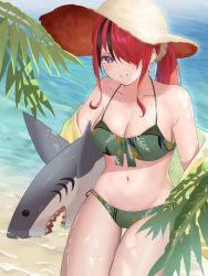 Rule 34 | 1girl, bandeau, bare shoulders, beach, bikini, black hair, breasts, cleavage, commentary request, cowboy shot, earrings, green bikini, groin, hat, highres, jewelry, lain paterson, large breasts, long hair, multicolored hair, navel, nijisanji, ocean, off shoulder, outdoors, ponytail, purple eyes, red hair, satchi (sattytabunnhenn), solo, standing, stomach, streaked hair, stuffed animal, stuffed shark, stuffed toy, sun hat, swimsuit, thighs, virtual youtuber, water