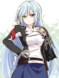 Rule 34 | 1girl, aqua hair, arm at side, armor, assault lily, belt, black belt, black jacket, blue skirt, bow, braid, breasts, closed mouth, commentary request, cosplay, cowboy shot, fingerless gloves, gloves, green bow, green eyes, grey gloves, hair between eyes, hand on own hip, highres, jacket, light blush, long hair, long sleeves, looking at viewer, medium breasts, miwada rito, multicolored clothes, multicolored jacket, pauldrons, shoujo kageki revue starlight, shoulder armor, single braid, single pauldron, sketch, skirt, solo, standing, two-tone background, two-tone jacket, urutsu sahari, v-shaped eyebrows, very long hair, white background, white jacket, yanagi koharu, yanagi koharu (cosplay)