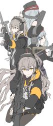 Rule 34 | 404 (girls&#039; frontline), 4girls, absurdres, assault rifle, bare shoulders, beret, blunt bangs, brown hair, closed mouth, commentary request, feet out of frame, fingerless gloves, fujita (condor), g11 (girls&#039; frontline), girls&#039; frontline, gloves, green eyes, grey eyes, grey hair, gun, h&amp;k g11, h&amp;k hk416, h&amp;k ump, h&amp;k ump, hair between eyes, hair ornament, hair ribbon, hairclip, hat, headset, highres, hk416 (girls&#039; frontline), holding, jacket, long hair, looking at viewer, multiple girls, one side up, orange eyes, pantyhose, pleated skirt, ribbon, rifle, scar, scar across eye, scar on face, serious, shirt, simple background, sketch, skirt, smile, twintails, ump45 (girls&#039; frontline), ump9 (girls&#039; frontline), weapon, white background, white shirt