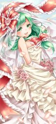 Rule 34 | 1girl, bare shoulders, bow, bridal veil, bride, dress, elbow gloves, flower, frilled bow, frilled dress, frilled ribbon, frills, front ponytail, gloves, green eyes, green hair, hair bow, holding, holding flower, kagiyama hina, looking at viewer, open mouth, red bow, ribbon, solo, tamichan, teeth, touhou, upper teeth only, veil, wedding, wedding dress, white dress, white gloves
