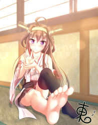 Rule 34 | 10s, 1girl, ahoge, bare shoulders, barefoot, blush, brown hair, detached sleeves, double bun, feet, foot focus, hairband, headgear, highres, jewelry, kantai collection, kongou (kancolle), long hair, ring, shinonome satoshimare, single thighhigh, sitting, skirt, smile, soles, solo, thighhighs, toes