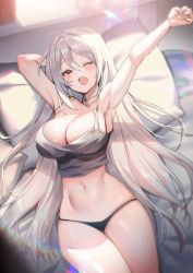 Rule 34 | 1girl, ahoge, arm behind head, armpits, bare shoulders, black panties, blush, breasts, camisole, chromatic aberration, cleavage, collarbone, cowboy shot, crop top, curvy, grey shirt, hair between eyes, highres, indoors, large breasts, lens flare, long bangs, long hair, looking at viewer, lying, midriff, navel, no bra, no pants, on back, one eye closed, open mouth, original, pajamas, panties, picter, pillow, red eyes, shiny skin, shirt, silver hair, skindentation, sleeveless, solo, strap gap, stretching, sunlight, thick thighs, thighs, tsurime, underwear, very long hair, wide hips, window shadow, yawning