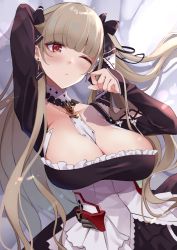 Rule 34 | 1girl, absurdres, azur lane, black ribbon, blush, breasts, cleavage, closed mouth, dress, earrings, formidable (azur lane), hair ribbon, hand on head, highres, jewelry, large breasts, long hair, looking at viewer, one eye closed, platinum blonde hair, red eyes, ribbon, simple background, solo, wee (weeyy)