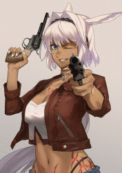 Rule 34 | 1girl, animal ears, bikini, bikini bottom only, black bikini, blue eyes, body markings, breasts, caenis (fate), cleavage, commentary request, crop top, dark-skinned female, dark skin, denim, denim shorts, dog ears, dog tags, fate/grand order, fate (series), grey hair, grin, gun, highres, holding, holding gun, holding weapon, jacket, large breasts, leather, leather jacket, nail polish, navel, one eye closed, ponytail, shorts, smile, solo, summer sky, swimsuit, weapon, white nails
