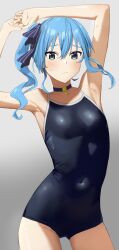 Rule 34 | 1girl, armpits, bare shoulders, black one-piece swimsuit, blue choker, blue eyes, blue hair, blue ribbon, blush, breasts, choker, closed mouth, collarbone, covered navel, hair between eyes, hair ribbon, highres, hololive, hoshimachi suisei, kazunori, looking at viewer, medium hair, one-piece swimsuit, ribbon, school swimsuit, side ponytail, small breasts, solo, star (symbol), star in eye, swimsuit, symbol in eye, virtual youtuber
