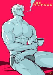 Rule 34 | 1boy, abs, artist name, bara, beard, bed, biceps, bulge, cup, facial hair, feet out of frame, gyee, highres, large pectorals, male focus, male underwear, manly, mature male, muscular, muscular male, niko (na insoo), nipples, no pants, original, pectorals, red background, red eyes, redgart, signature, simple background, sitting, smoke, smoking, smoking pipe, solo, spiked hair, thick arms, thick thighs, thighs, topless male, underwear, white hair