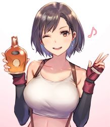 Rule 34 | 1girl, ;d, alternate hairstyle, anbe yoshirou, arm warmers, bare shoulders, black hair, blurry, bottle, breasts, brown eyes, collarbone, crop top, earrings, final fantasy, final fantasy vii, fingerless gloves, gloves, gradient background, hands up, highres, holding, holding bottle, jewelry, large breasts, long hair, looking at viewer, musical note, one eye closed, open mouth, photoshop (medium), shirt, short hair, sleeveless, sleeveless shirt, smile, solo, stomach, suspenders, swept bangs, tank top, tifa lockhart, upper body, w, white shirt