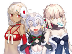 Rule 34 | 3girls, artoria pendragon (all), artoria pendragon (fate), besmiled, black bra, black gloves, bow, bra, breasts, character request, cleavage, closed eyes, collarbone, dark-skinned female, dark skin, double v, elbow gloves, fate/grand order, fate (series), food, fur trim, girl sandwich, gloves, hair between eyes, hair bow, highres, ice cream, jeanne d&#039;arc (fate), jeanne d&#039;arc alter santa lily (fate), locked arms, looking at viewer, midriff, mouth hold, multiple girls, navel, open mouth, red bra, red gloves, resolution mismatch, saber alter, sandwiched, short hair with long locks, sidelocks, silver hair, small breasts, smile, source smaller, stomach, strapless, striped, striped bow, underboob, underwear, upper body, v, veil, white background, wrist cuffs, yellow eyes