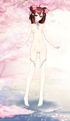 Rule 34 | 1girl, absurdres, breasts, brown hair, demon girl, flower, hair flower, hair ornament, highres, horns, looking at viewer, nail polish, nipples, nude, oni horns, onmyoji, pink flower, pointy ears, purple eyes, pussy, slit pupils, small breasts, solo, tao hua yao, thighhighs, uncensored, zimu jiang