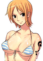 Rule 34 | 1girl, bikini, breasts, cleavage, large breasts, momo moto, nami (one piece), one piece, orange hair, short hair, simple background, solo, swimsuit, tattoo, white background