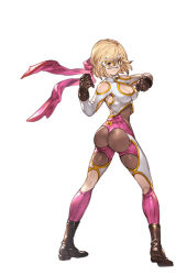 Rule 34 | 10s, 1girl, ass, black gloves, blonde hair, bodysuit, boots, breasts, brown eyes, cleavage, clenched hand, djeeta (granblue fantasy), domino mask, full body, gloves, granblue fantasy, looking at viewer, looking back, luchador (granblue fantasy), mask, minaba hideo, official art, panties, panties over bodysuit, pink panties, short hair, simple background, smile, solo, twisted torso, underwear, white background, wrestling outfit