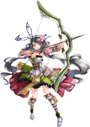 Rule 34 | &gt;:o, 1girl, :o, arrow (projectile), black hair, bow (weapon), breasts, cleavage, copyright name, drawing bow, drill hair, flower, full body, hair flower, hair ornament, holding, holding bow (weapon), holding weapon, komakiyama (oshiro project), large breasts, official art, oshiro project:re, oshiro project:re, quiver, red eyes, ririkuto, skirt, sleeve cuffs, sleeveless, solo, transparent background, twin drills, twintails, v-shaped eyebrows, wavy hair, weapon