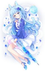 Rule 34 | 1girl, :d, absurdres, animal ear fluff, animal ears, blue eyes, blue flower, blue footwear, blue hair, blue shirt, blush, braid, commentary, flower, from side, full body, hair flower, hair ornament, hand up, high heels, highres, long hair, long sleeves, looking at viewer, looking to the side, open mouth, orb, original, pleated skirt, shirt, shoes, skirt, sleeves past wrists, smile, solo, symbol-only commentary, transparent, transparent umbrella, tsukiyo (skymint), umbrella, very long hair, water, white skirt