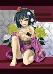 Rule 34 | 1girl, bad id, bad pixiv id, barefoot, black hair, blue eyes, blush, camera, chrysanthemum, collarbone, feet, female focus, flower, hat, hidebo, japanese clothes, kimono, looking at viewer, open clothes, open kimono, open mouth, red eyes, shameimaru aya, short hair, smirk, solo, sony, tokin hat, topless, touhou