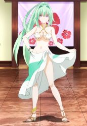 Rule 34 | 1girl, absurdres, breasts, choujigen game neptune the animation, feet, green hair, green heart (neptunia), hand on own hip, highres, large breasts, legs, long hair, looking at viewer, navel, neptune (series), ponytail, purple eyes, sandals, sarong, shell, shell bikini, smile, solo, stitched, thighs, third-party edit
