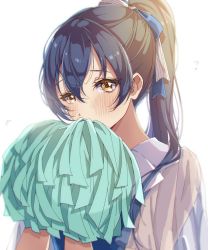 Rule 34 | 1girl, blue hair, blush, commentary request, covered mouth, hair between eyes, hair tie, highres, long hair, looking at viewer, love live!, love live! school idol project, pom pom (cheerleading), ponytail, rococomm123, simple background, solo, sonoda umi, upper body, white background, yellow eyes