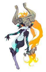 Rule 34 | 1girl, black skin, breasts, colored sclera, colored skin, company connection, full body, grey skin, grin, helmet, highres, jtveemo, long hair, looking at viewer, low-tied long hair, midna, multicolored skin, navel, nintendo, no nipples, nude, octoling, one eye covered, orange eyes, orange hair, small breasts, smile, solo, splatoon (series), suction cups, teeth, tentacle hair, the legend of zelda, the legend of zelda: twilight princess, two-tone skin, very long hair, yellow sclera