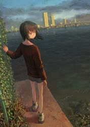 Rule 34 | 1girl, bridge, brown hair, brown sweater, building, city, cityscape, closed mouth, cloud, cloudy sky, fence, floating hair, grey eyes, grey shorts, highres, long sleeves, looking to the side, medium hair, ocean, original, outdoors, plant, shoes, short shorts, shorts, sky, skyline, skyscraper, sneakers, solo, standing, sweater, tokunaga akimasa, water, wind