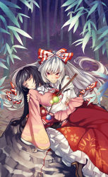 Rule 34 | 2girls, angry, bamboo, bamboo forest, black hair, blood, branch, carrying, death, dying, closed eyes, female focus, forest, fujiwara no mokou, glaring, houraisan kaguya, injury, japanese clothes, jeweled branch of hourai, long hair, multiple girls, nakatani, nature, night, red eyes, silver hair, touhou