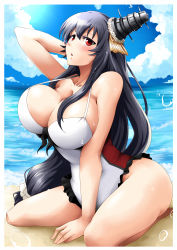 Rule 34 | 10s, 1girl, beach, black hair, blue sky, blush, breasts, casual one-piece swimsuit, cleavage, cloud, day, fusou (kancolle), hair ornament, highres, kantai collection, large breasts, long hair, looking at viewer, mice (sake nomitai), one-piece swimsuit, outdoors, red eyes, sand, sitting, sky, solo, sunlight, swimsuit, wariza, water