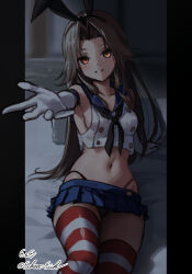 Rule 34 | 1girl, bed, black neckerchief, black panties, blue sailor collar, blue skirt, breasts, brown eyes, brown hair, cosplay, crop top, eckert&amp;eich, elbow gloves, gloves, glowing, glowing eyes, hair intakes, highleg, highleg panties, highres, jintsuu (kancolle), kantai collection, long hair, medium breasts, microskirt, neckerchief, one-hour drawing challenge, panties, parted lips, reaching, reaching towards viewer, sailor collar, shimakaze (kancolle), shimakaze (kancolle) (cosplay), skirt, smile, solo, striped clothes, striped thighhighs, thighhighs, underwear, white gloves