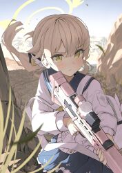 Rule 34 | 1girl, absurdres, arisugawa bii, assault rifle, backpack, bag, blue archive, blue sailor collar, blue skirt, blue sky, brown hair, bullpup, cardigan, commentary, gun, halo, hifumi (blue archive), highres, holding, holding gun, holding weapon, l85, long hair, long sleeves, outdoors, rifle, sailor collar, school uniform, skirt, sky, solo, weapon, white cardigan, yellow eyes, yellow halo