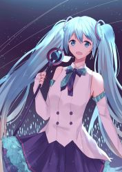 Rule 34 | 1girl, absurdres, ascot, bare shoulders, blue eyes, blue hair, chinese commentary, commentary request, dress, elbow gloves, gloves, hair ornament, hatsune miku, highres, holding, holding microphone, long hair, looking at viewer, magical mirai (vocaloid), magical mirai miku, magical mirai miku (2017), microphone, multicolored clothes, multicolored dress, music, neko tls, open mouth, singing, solo, stage, standing, twintails, upper body, very long hair, vocaloid, white gloves
