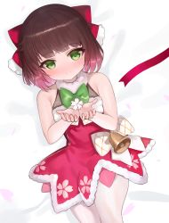 Rule 34 | 1girl, bad id, bad pixiv id, bare arms, bare shoulders, bed sheet, bell, blush, bow, brown hair, closed mouth, commentary request, dokomon, dress, flower, fur-trimmed dress, fur trim, girls&#039; frontline, gradient hair, green eyes, hair bow, hands up, highres, korean commentary, lying, multicolored hair, official alternate costume, on back, petals, red bow, red dress, smile, solo, type 4 (girls&#039; frontline), type 4 (twilight fairy) (girls&#039; frontline), white flower