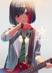 Rule 34 | 1girl, bang dream!, black hair, blazer, blush, bob cut, bracelet, collared shirt, commentary request, electric guitar, green necktie, grey jacket, group name, guitar, hand to own mouth, hand up, haneoka school uniform, instrument, jacket, jewelry, looking at viewer, mitake ran, multicolored hair, nail polish, necktie, open mouth, plectrum, poligon (046), red eyes, red hair, red nails, school uniform, shirt, short hair, sleeves rolled up, solo, sparkle, streaked hair, striped necktie, striped neckwear, teeth, upper body, upper teeth only, v-shaped eyebrows, white shirt