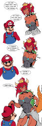 Rule 34 | &gt;:), 1boy, 1girl, abs, artist name, baneposting, bare shoulders, batman (series), blouse, blue eyes, bowsette, bracelet, breasts, brown hair, buttpants, collar, collarbone, crown, dark skin, dc comics, earrings, english text, facial hair, fang, gloves, grin, hand on own hip, hat, highres, horns, jewelry, leotard, long hair, mario, mario (series), meme, muscular, muscular female, mustache, nintendo, open mouth, orange eyes, overalls, pointy ears, ponytail, red hair, red shirt, sharp teeth, shell, shirt, simple background, smile, spiked bracelet, spiked collar, spikes, super crown, tail, teeth, the dark knight rises, waist cape, white background