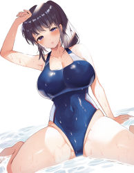 Rule 34 | 1girl, arm support, arm up, barefoot, black hair, blue one-piece swimsuit, blush, breasts, collarbone, competition swimsuit, covered navel, dripping, dutch angle, groin, hand on own head, highleg, highleg swimsuit, highres, large breasts, looking at viewer, meesuke, one-piece swimsuit, open mouth, original, ponytail, purple eyes, shiny clothes, sitting, solo, spread legs, swimsuit, wariza, water, wet, wet clothes, wet swimsuit