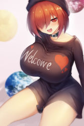 Rule 34 | 1girl, :d, beanie, black choker, black hat, black shirt, breasts, choker, clothes writing, commentary request, cowboy shot, earth (ornament), grey background, hair over one eye, hat, head tilt, heart, hecatia lapislazuli, highres, huge breasts, long sleeves, looking at viewer, moon (ornament), naked shirt, no pants, open mouth, red eyes, red hair, shirt, short hair, simple background, sitting, smile, solo, t-shirt, thick thighs, thighs, touhou, z.o.b