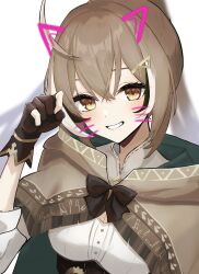 Rule 34 | ahoge, brown capelet, brown cloak, brown corset, brown eyes, brown hair, cape, capelet, cloak, corset, crossed bangs, drawn ears, drawn whiskers, feather hair ornament, feathers, gloves, grin, hair ornament, hairclip, hieroglyphics, highres, hololive, hololive english, long hair, looking at viewer, multicolored hair, nanashi mumei, nanashi mumei (1st costume), partially fingerless gloves, paw pose, ponytail, ribbon, shirt, smile, streaked hair, very long hair, virtual youtuber, white shirt, yato kamo