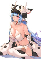 Rule 34 | 1girl, animal ears, animal print, bad id, bad pixiv id, bandeau, bare shoulders, blue hair, blush, breasts, catura (granblue fantasy), cleavage, closed mouth, collarbone, cow ears, cow girl, cow hat, cow hood, cow horns, cow print, detached collar, detached sleeves, draph, ear piercing, fake horns, granblue fantasy, hat, highleg, highres, hood, horns, koretsuki azuma, large breasts, long hair, long sleeves, looking at viewer, micro shorts, midriff, navel, piercing, pink eyes, pointy ears, short shorts, shorts, sidelocks, simple background, sitting, smile, solo, stomach, thighhighs, thighs, very long hair, wariza, white background, white shorts, white thighhighs, wide sleeves, yellow eyes