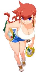 Rule 34 | 1girl, bad id, bad pixiv id, bag, braid, breasts, cleavage, covered erect nipples, eyebrows, full body, large breasts, mamorunokoto, original, purple eyes, red hair, shoes, short shorts, shorts, shoulder bag, smile, sneakers, solo, tank top, twin braids