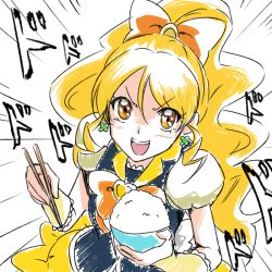 Rule 34 | 10s, 1girl, blonde hair, blush, bowl, brooch, chopsticks, cure honey, determined, earrings, eyelashes, happinesscharge precure!, heart, heart brooch, jewelry, long hair, looking at viewer, magical girl, oomori yuuko, open mouth, precure, puffy sleeves, rice, rice bowl, shirt, simple background, sketch, skirt, solo, tsukikage oyama, vest, white background, wrist cuffs, yellow eyes, yellow skirt