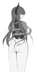 1girl absurdres alvitr_(azur_lane) arms_behind_back ass awaji azur_lane bdsm bondage bound bound_arms breast_bondage breasts covered_erect_nipples crotch_rope elbow_gloves from_behind gloves greyscale highres horns large_breasts long_hair monochrome restrained rope shibari shibari_over_clothes simple_background solo very_long_hair white_background