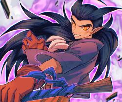 Rule 34 | 1boy, black hair, black jacket, blue ribbon, dragon quest, dragon quest builders 2, fang, gloves, grin, hair slicked back, highres, holding, holding weapon, injury, jacket, jewelry, long hair, looking at viewer, low ponytail, male focus, mouyi, necklace, orange eyes, pointy ears, purple background, red gloves, ribbon, sidoh (dqb2), smile, solo, tooth necklace, weapon, wide ponytail