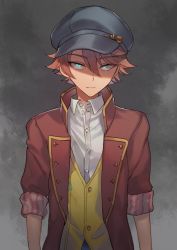 Rule 34 | 1boy, aqua eyes, black hat, brown hair, cecil (rune factory), closed mouth, grey background, hair between eyes, hat, highres, jacket, male focus, open clothes, open jacket, red jacket, rune factory, rune factory 5, shaded face, shirt, simple background, sleeves rolled up, solo, sundaaay, upper body, vest, white shirt, yellow vest