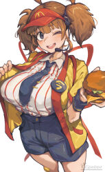 1girl absurdres ahoge back_bow bandaid bandaid_on_knee bandaid_on_leg blood blue_necktie blue_shorts blush bow breasts brown_eyes brown_hair burger collared_shirt commentary_request cowboy_shot double_cheese_(mcdonald&#039;s) employee_uniform fast_food_uniform food from_side highres holding holding_burger holding_food huge_breasts iparupua looking_at_viewer mcdonald&#039;s necktie nosebleed one_eye_closed open_mouth red_bow shirt shirt_tucked_in short_sleeves short_twintails shorts simple_background solo striped_clothes striped_shirt teeth tie_clip twintails upper_teeth_only vertical-striped_clothes vertical-striped_shirt visor_cap white_background white_shirt yellow_happi