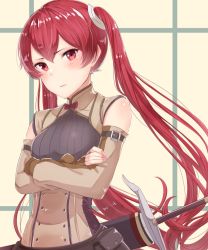 Rule 34 | 1girl, blush, closed mouth, crossed arms, fingerless gloves, fire emblem, fire emblem awakening, gloves, haru (nakajou-28), long hair, nintendo, red eyes, red hair, scabbard, severa (fire emblem), sheath, sheathed, sleeveless, solo, sword, twintails, upper body, weapon