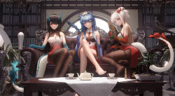Rule 34 | 3girls, absurdres, arknights, bare legs, bare shoulders, barefoot, black hair, blue eyes, blue hair, breasts, brown pantyhose, cleavage, commentary request, couch, cup, dress, drinking glass, dusk (arknights), folding fan, hand fan, highres, holding, holding cup, holding fan, horns, indoors, ling (arknights), ling dianxia, long hair, looking at viewer, medium breasts, multiple girls, nian (arknights), no shoes, pantyhose, parted lips, ponytail, purple eyes, red eyes, siblings, sisters, sitting, sleeveless, sleeveless dress, strapless, strapless dress, table, tail, teacup, teapot, very long hair, white hair, wine glass