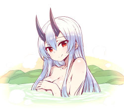 Rule 34 | 1girl, chan co, collarbone, commentary request, covering privates, covering breasts, covering nipples, fate/grand order, fate (series), horns, long hair, oni, onsen, red eyes, silver hair, smile, solo, tomoe gozen (fate), topless, upper body, water