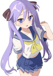 Rule 34 | 1girl, absurdres, blue eyes, blue sailor collar, blue skirt, blush, bow, bowtie, commentary request, hair bow, hair ornament, highres, hiiragi kagami, long hair, looking at viewer, lucky star, navel, neckerchief, open mouth, partial commentary, pink neckerchief, pleated skirt, pogeepoge, purple hair, red sailor collar, ryouou school uniform, sailor collar, school uniform, serafuku, shirt, simple background, skirt, solo, twintails, white shirt, yellow bow, yellow bowtie