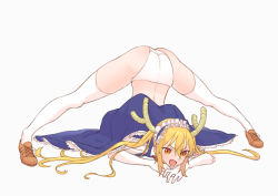 Rule 34 | 1girl, artist request, ass, blonde hair, blue dress, dragon horns, dress, fang, full body, gloves, grey background, horns, jack-o&#039; challenge, kobayashi-san chi no maidragon, long hair, looking at viewer, maid, maid headdress, open mouth, panties, red eyes, shoes, simple background, slit pupils, smile, solo, spread legs, thighhighs, tohru (maidragon), twintails, underwear, white gloves, white panties, white thighhighs